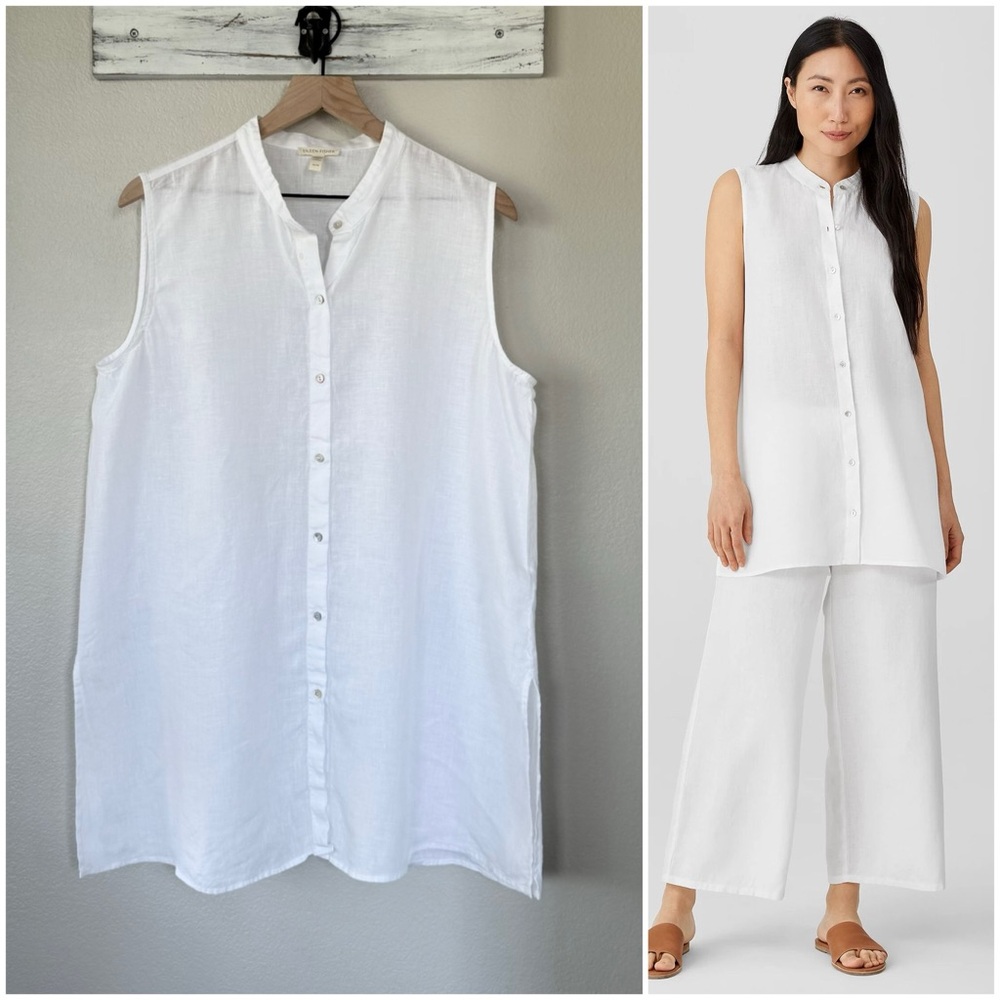 Sleeveless Eileen Fisher White Button-Up Linen Tunic Top